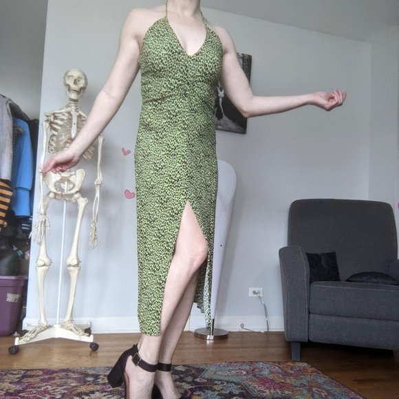 AFRM Limelight Halter -  lime leopard halter dress with front slit -S (4/6) - Picture 2 of 3